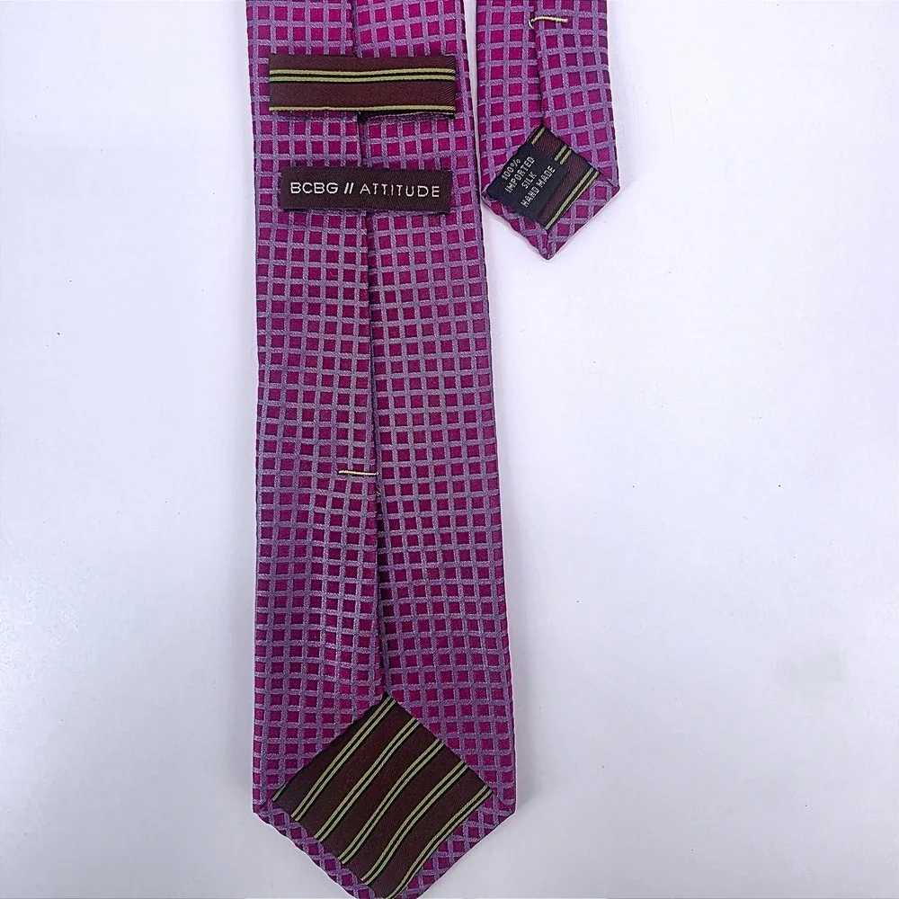 BCBG Attitude Mens Silk Necktie Magenta Purple Geometric Grid Woven Handmade Tie
